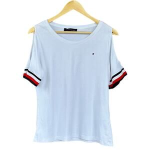 Tommy Hilfiger Signature Stripe Cotton T-Shirt Size S Cold Shoulder Short Sleeve